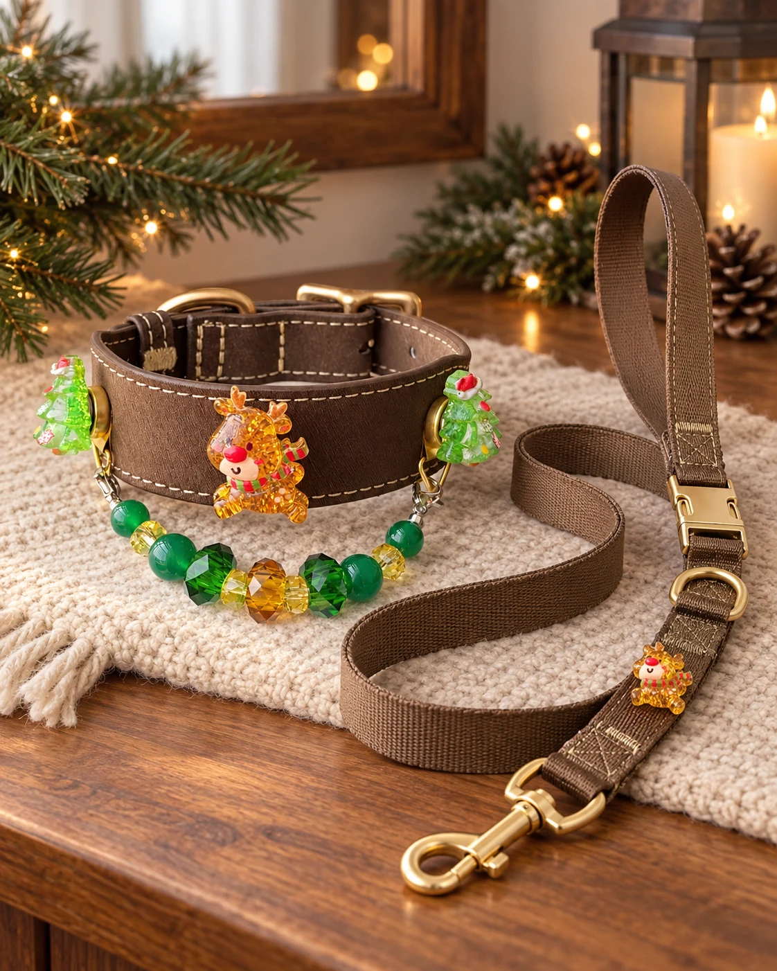 Reindeer & Tree Christmas collar in Brown