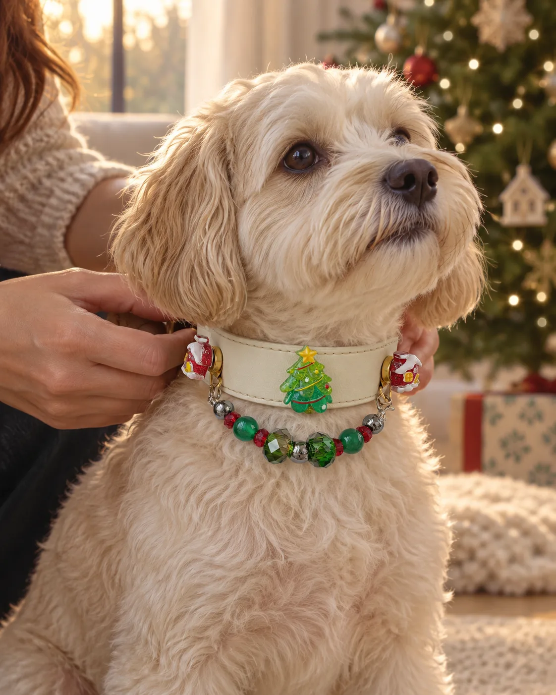 Tree & Cottage Christmas collar in Ivory