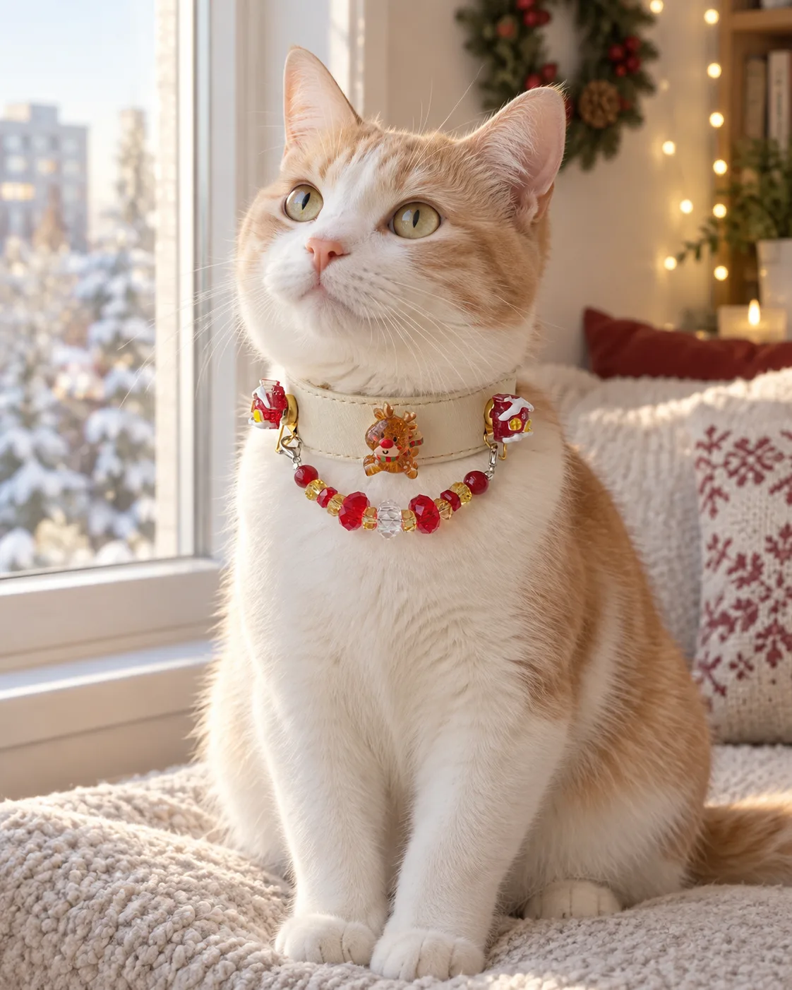 Reindeer & Cottage Christmas collar in Ivory