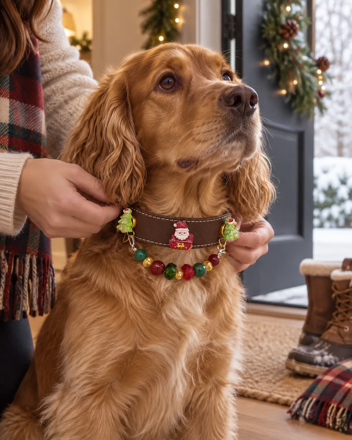 Santa & Tree Christmas collar in Brown