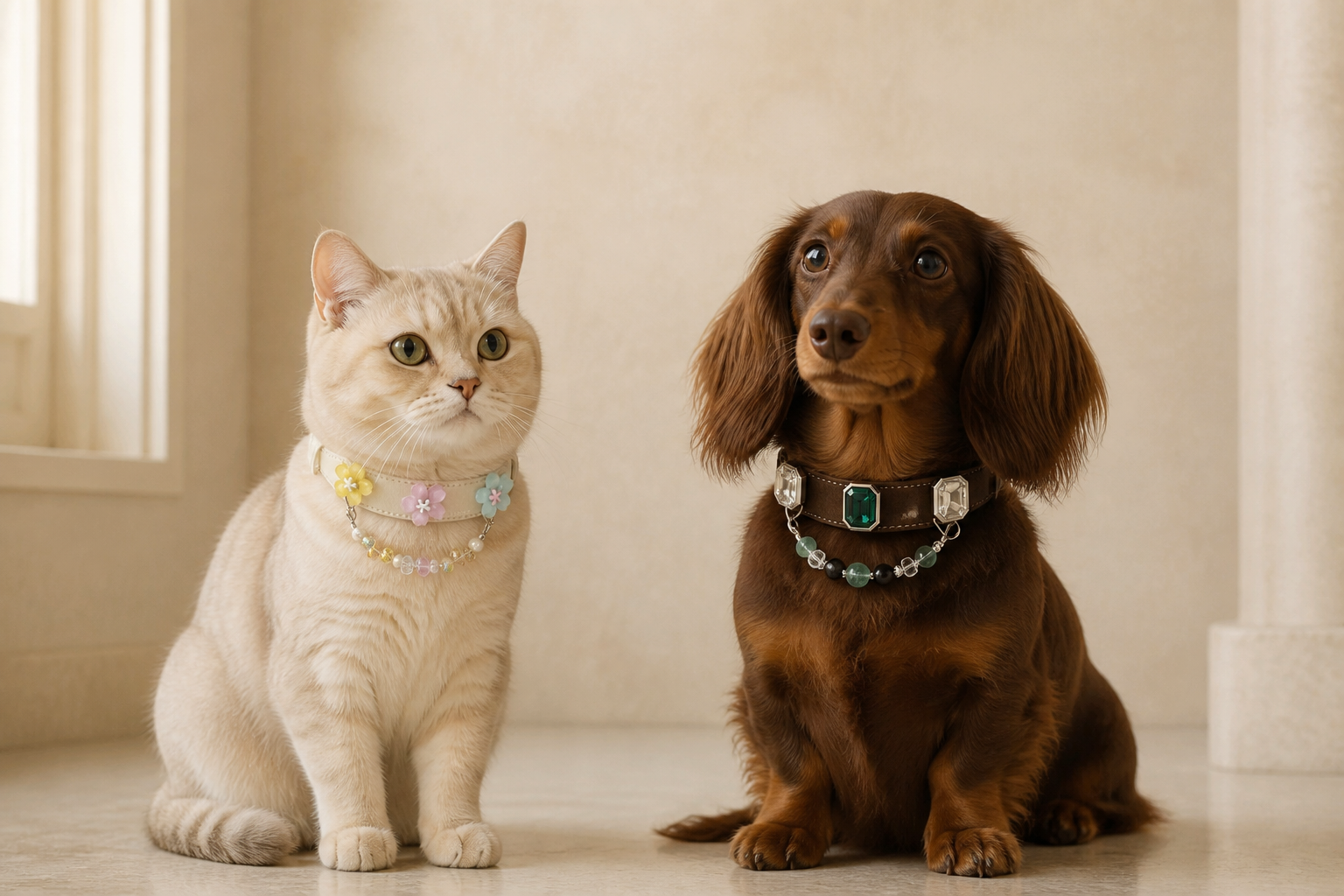 A cat and dog wearing LUNE companion collars